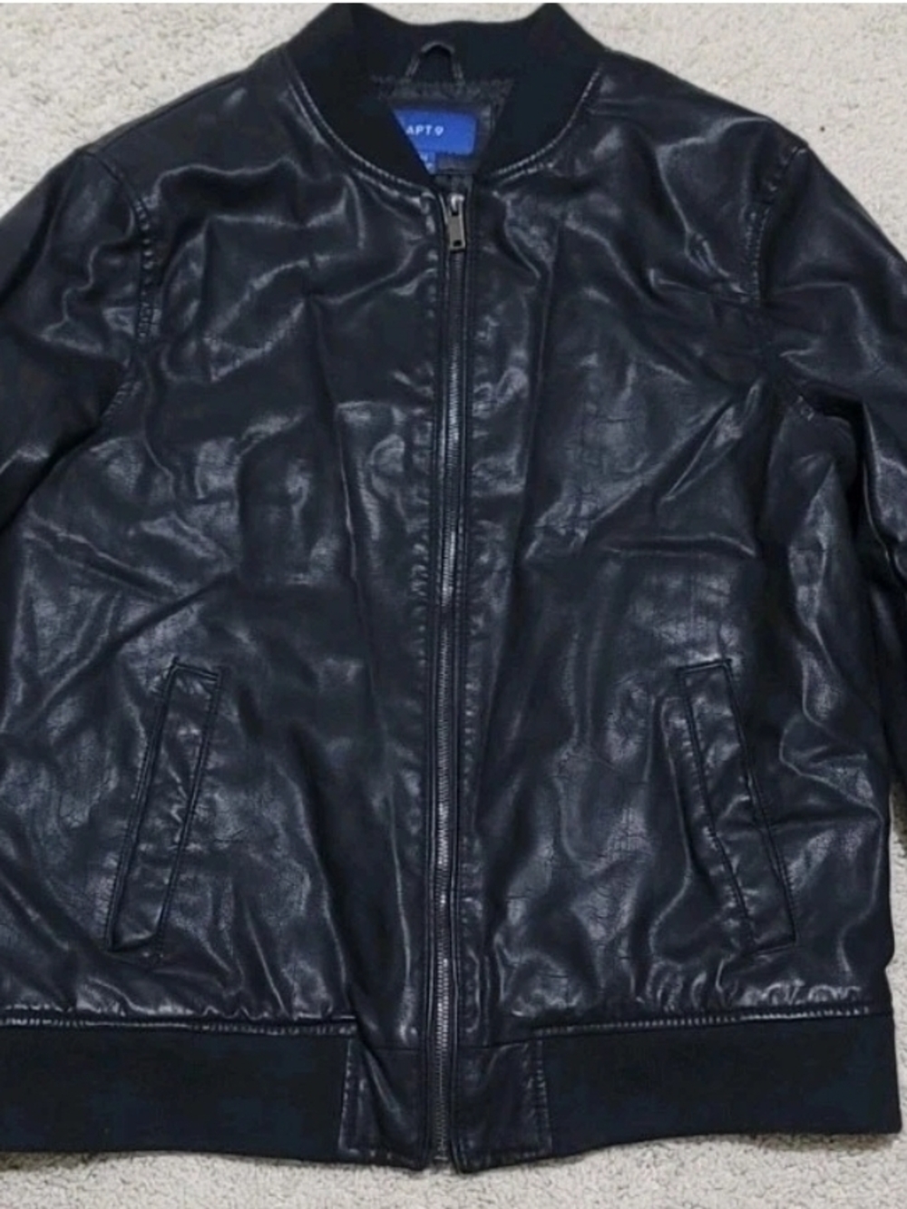 APT 9 Mens Medium Black Faux Leather Bomber Jacket Quilted Lined